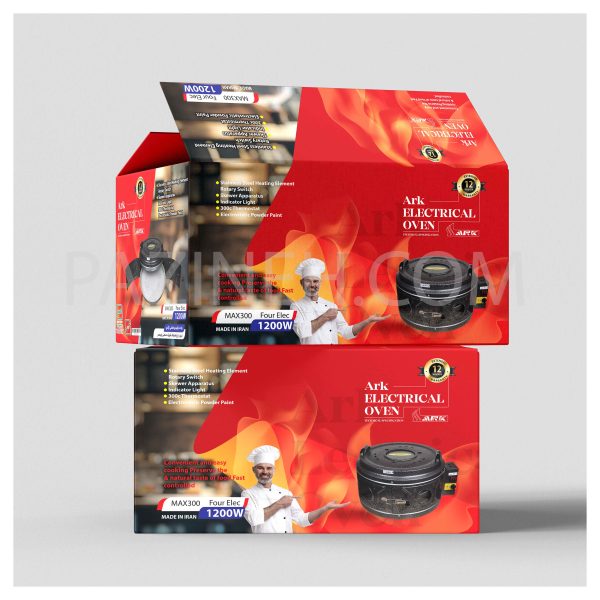 بسته‌بندی گرافیکی فر برقی ارک با طراحی خاص و چاپ حرفه‌ای توسط استودیو پازینه انجام شده است، که این بسته‌بندی به جذابیت محصول و انتقال اطلاعات کاربردی به مشتریان کمک می‌کند.
